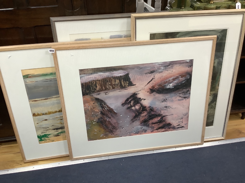 Niamh Collins (1956-), two oils on paper, View from Port, Agra, signed and dated 1990, 52 x 71cm and 'Wright Valley', signed and dated '91, 51 x 70cm, Geoffrey Machin (9137-), watercolour, Untitled, 69 x 48cm and Jane Ca